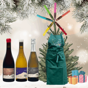 Coffret signature avec 3 bouteilles de vin Eric Louis, un tablier et un tire-bouchon